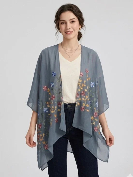 Raj Gray Sheer Floral Embroidered Beach Kimono - Picture 2 of 3